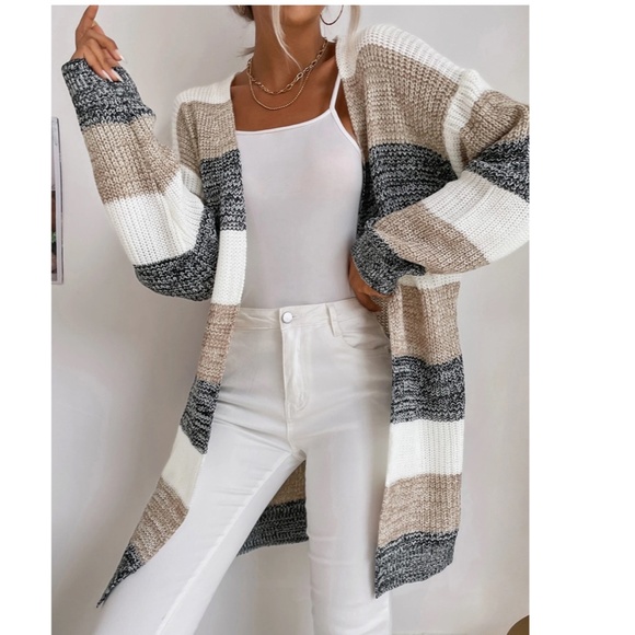 Colorblock Stripes Open Knit Cardigan Knee Length - Picture 6 of 9